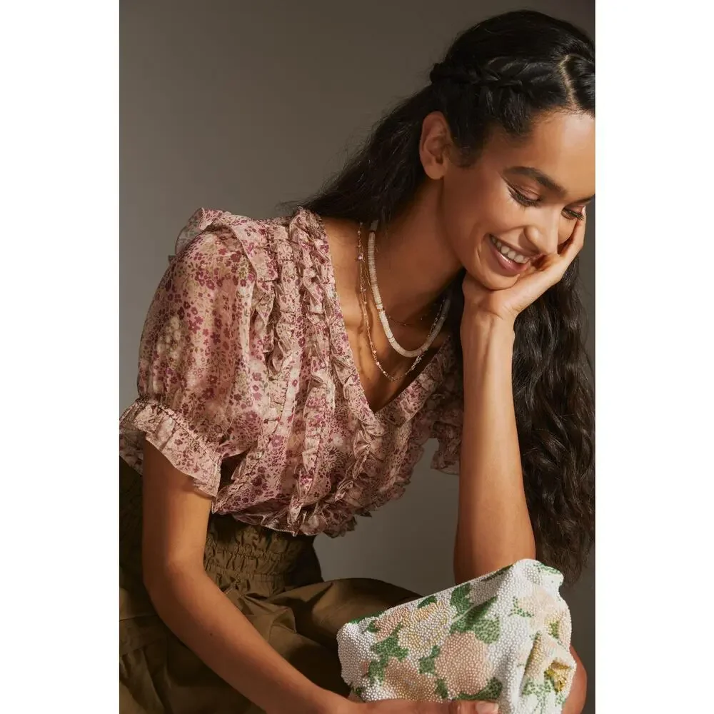 New Anthropologie Floral Puff Sleeve Blouse - Small
